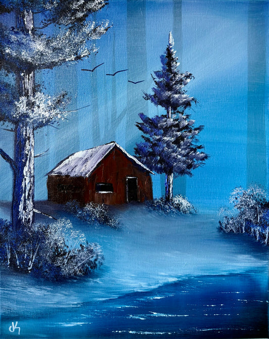 Painting #1927 - 16x20" Canvas - Cabin Landscape painted 7-6-25