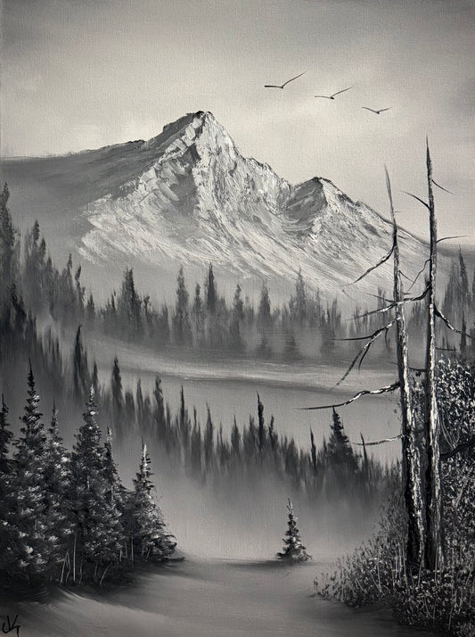 Painting #2247 - 18x24" Canvas - Black and White Mountain Landscape painted 1-19-26