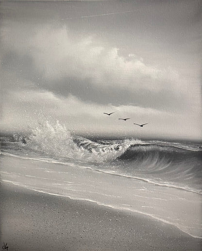 Painting #2238 - 16x20" Canvas - Black and White Seascape painted 1-15-26