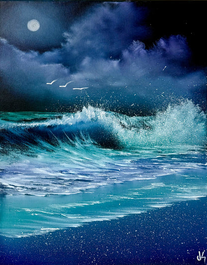 Painting #1908 - 16x20" Canvas - Night Seascape painted 6-23-25