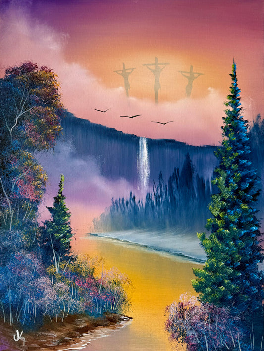 Painting #1819 - 18x24" Canvas - Holy Water - Sunset Winter Landscape with Crucifixion in the clouds painted 4-25-25