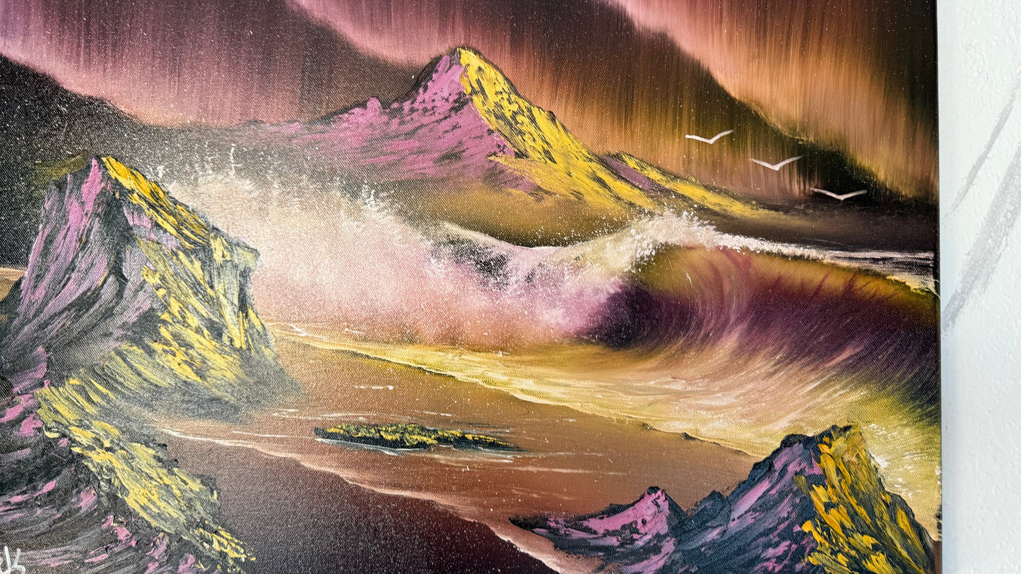 Painting #1983 - 18x24" Canvas - Aurora Mountain Seascape painted 8-8-25