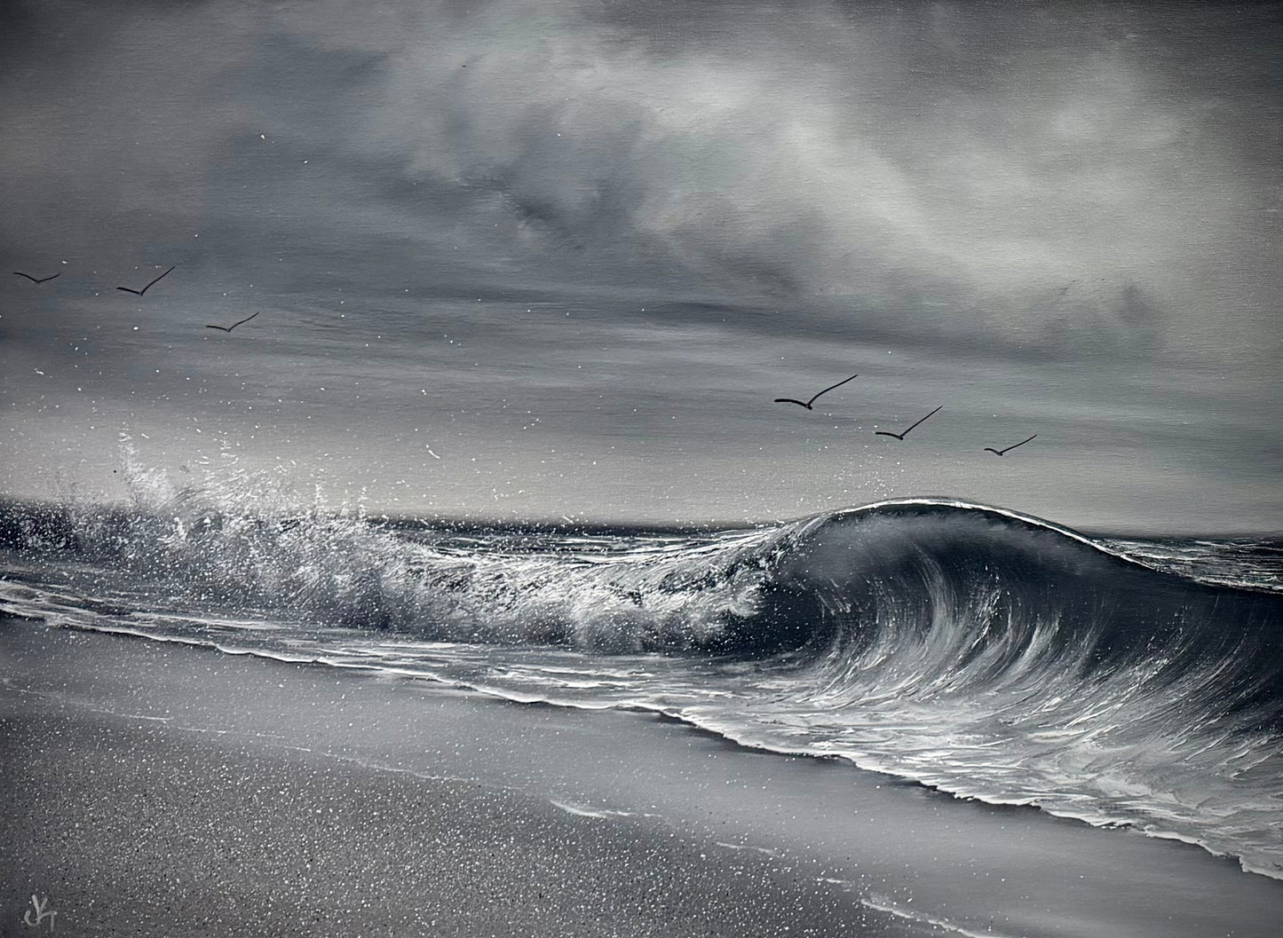Painting #2637 - 18x24" Canvas - Black and White Seascape painted 10-3-26
