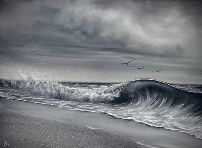 Painting #2637 - 18x24" Canvas - Black and White Seascape painted 10-3-26