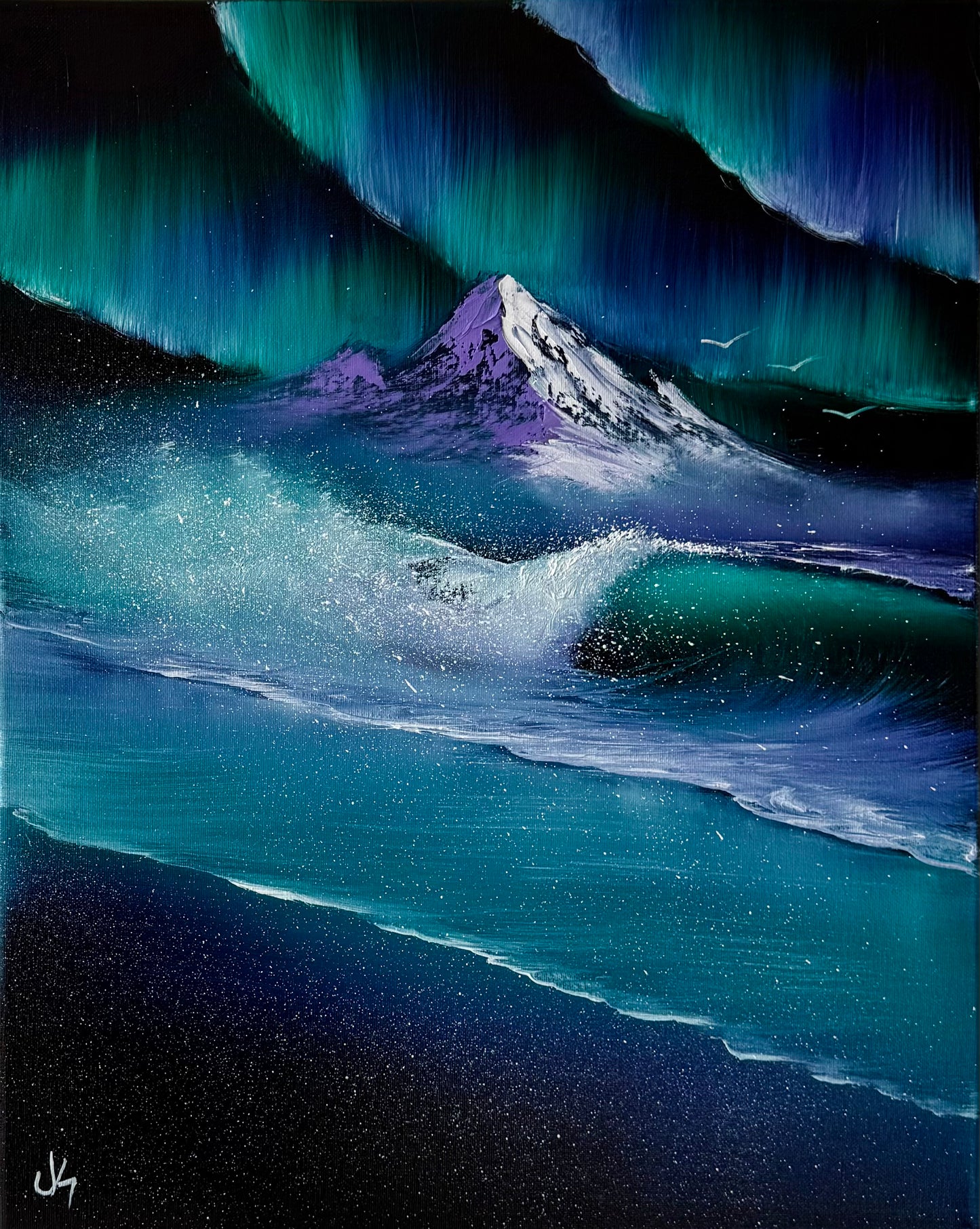 Painting #2003 - 16x20" Canvas - Aurora Mountain Seascape painted 8-17-25