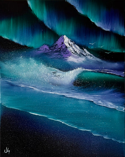 Painting #2003 - 16x20" Canvas - Aurora Mountain Seascape painted 8-17-25