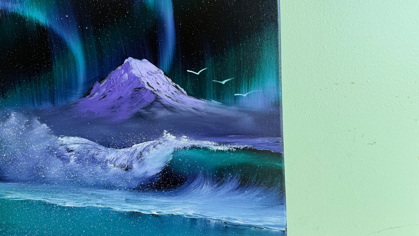 Painting #2017 - 16x20" Canvas - Aurora Mountain Seascape painted 8-24-25