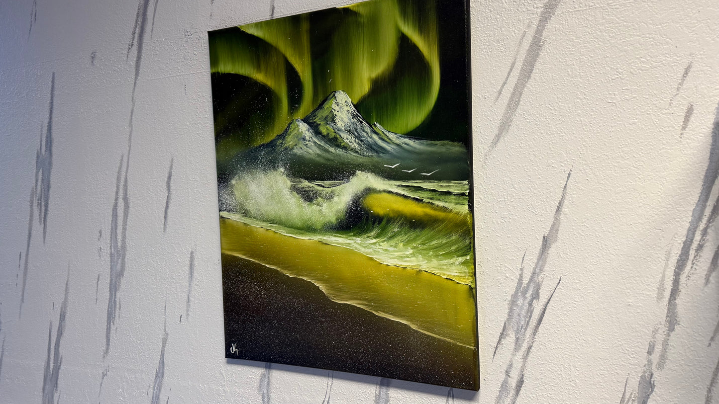 Painting #1977 - 22x28" Canvas - Aurora Mountain Seascape painted 8-4-25