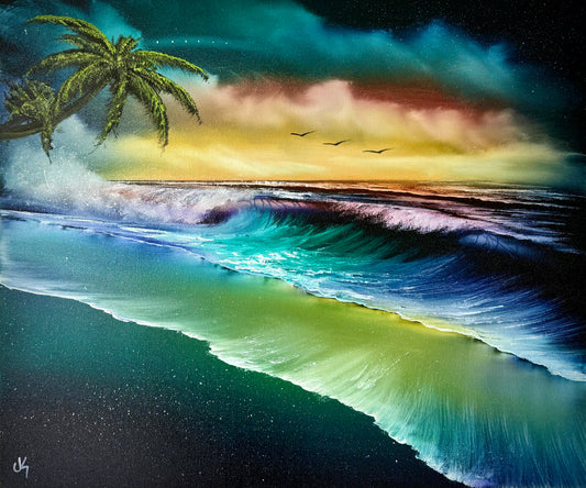 Painting #1846 - 20x24" Pro Series Canvas - Vibrant Sunset Seascape painted 5-15-25