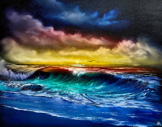Painting #1653 - 22x28" Staple back Black Canvas - Rainbow Seascape painted 1-13-25
