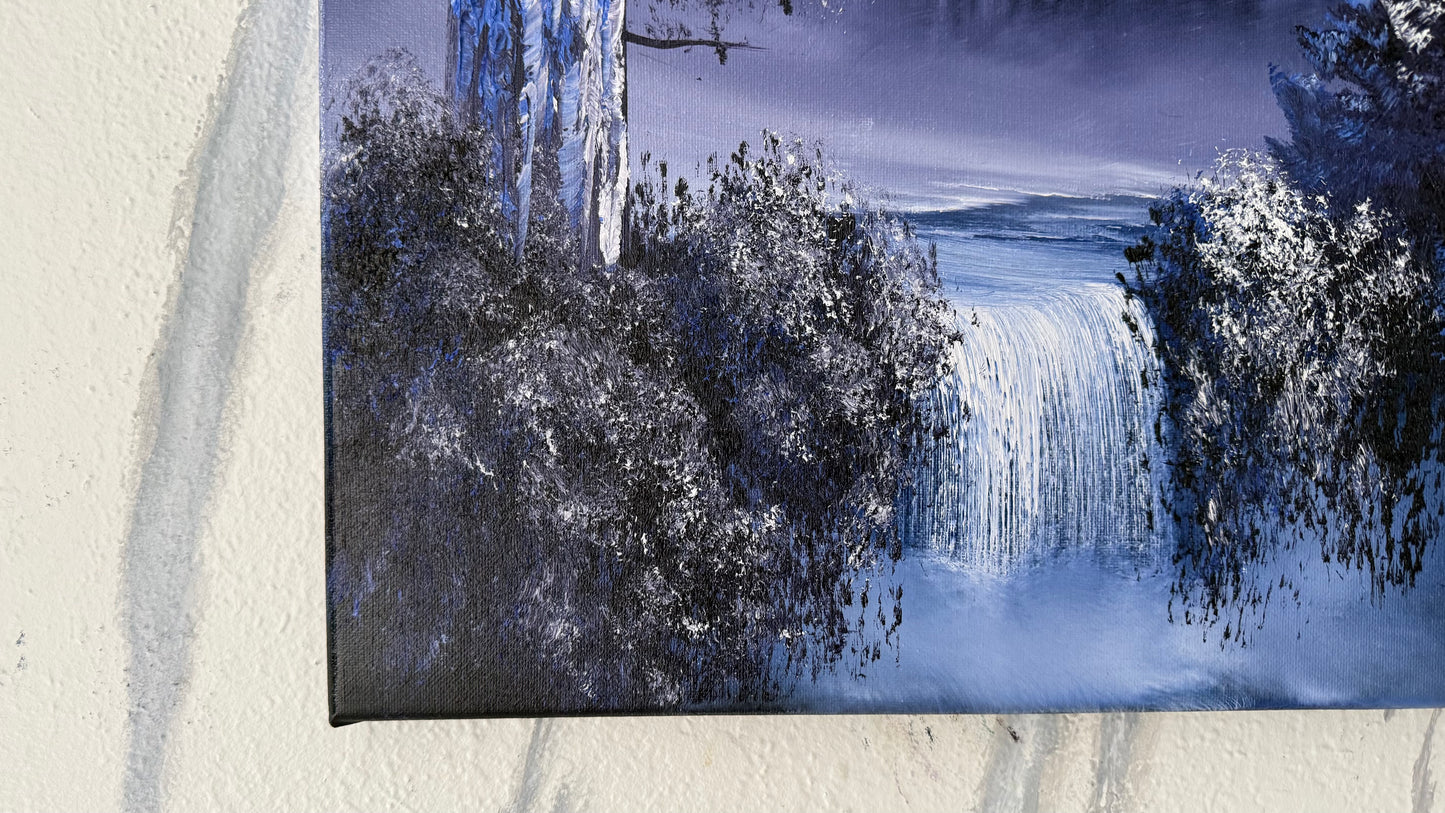 Painting #1997 - 16x20" Canvas - Winter Forest Waterfall Landscape painted 8-15-25