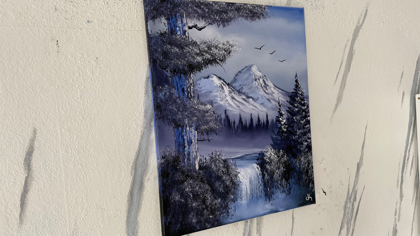 Painting #1997 - 16x20" Canvas - Winter Forest Waterfall Landscape painted 8-15-25