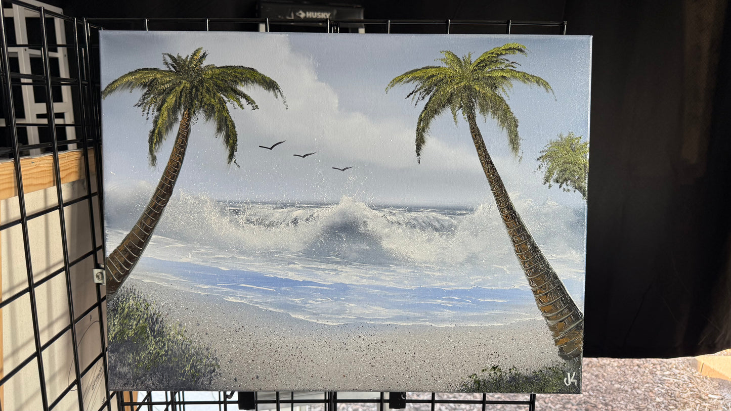 Painting #2040 - 18x24" Canvas - Tropical Seascape with Beachwood Frame included painted 9-6-25