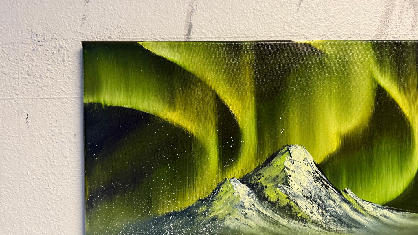 Painting #1977 - 22x28" Canvas - Aurora Mountain Seascape painted 8-4-25