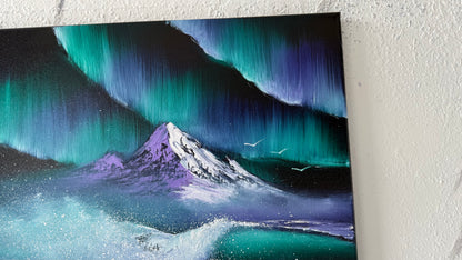Painting #2003 - 16x20" Canvas - Aurora Mountain Seascape painted 8-17-25