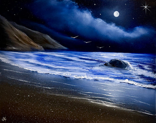 Painting #2286 - 16x20" Canvas - Night Seascape painted 2-13-26