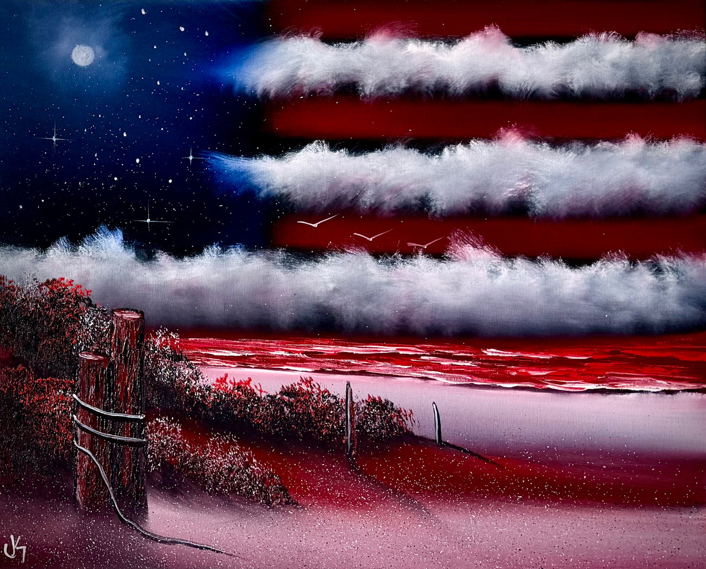 Painting #2458 - 16x20" Canvas - American Flag East Coast Seascape painted 5-25-26