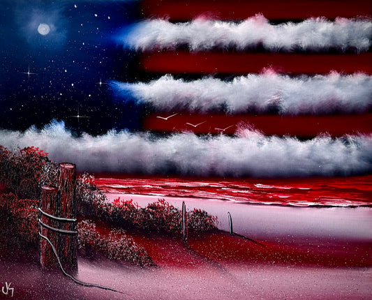 Painting #2458 - 16x20" Canvas - American Flag East Coast Seascape painted 5-25-26