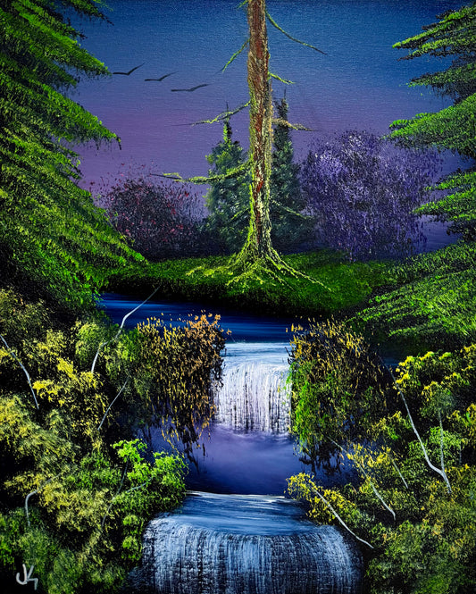 Painting #1728 - 16x20" Canvas - Forest Waterfall 3-2-25