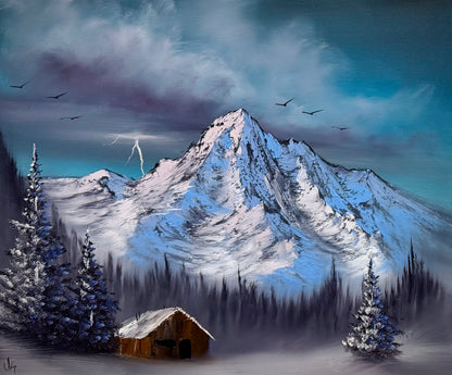 Painting #2644 - 20x24" Canvas - Cabin Landscape painted 10-10-26