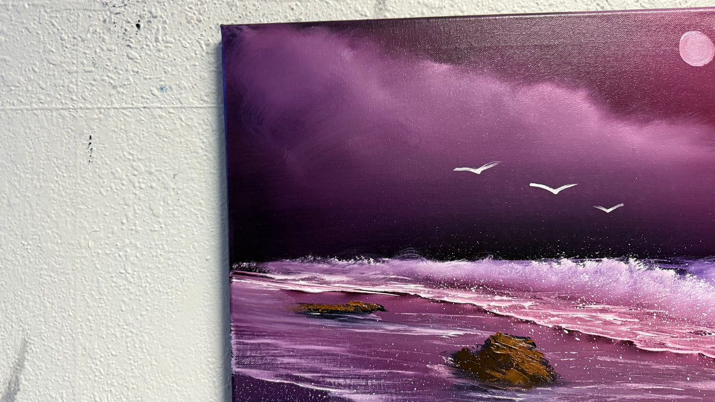 Painting #2001 - 16x20" Canvas - Full Moon Seascape painted 8-16-25