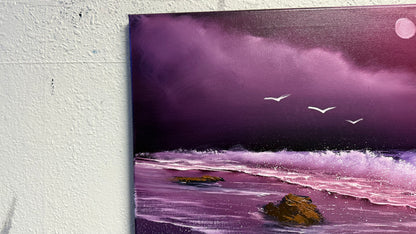 Painting #2001 - 16x20" Canvas - Full Moon Seascape painted 8-16-25