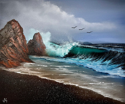 Painting #1940 - 20x24" Canvas - Rocky Seascape painted 7-14-25