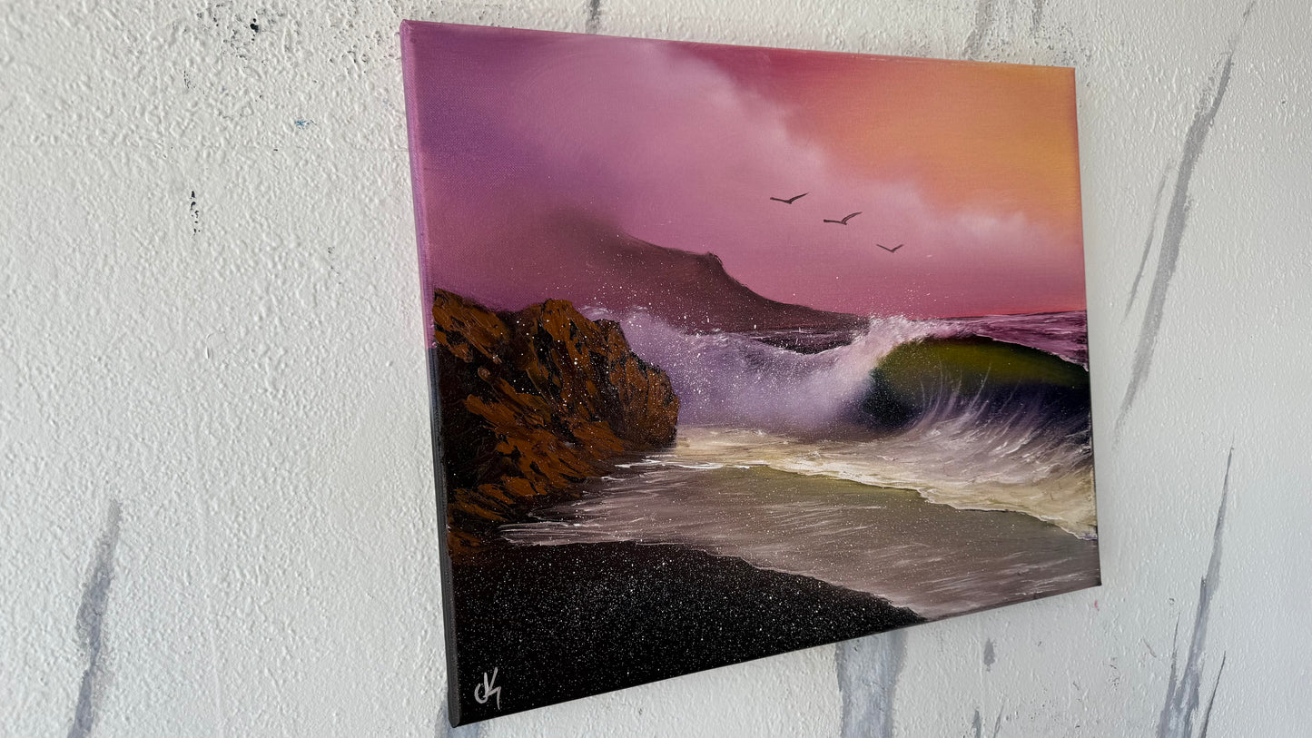 Painting #1994 - 16x20" Canvas - Rocky Sunset Seascape painted 8-14-25