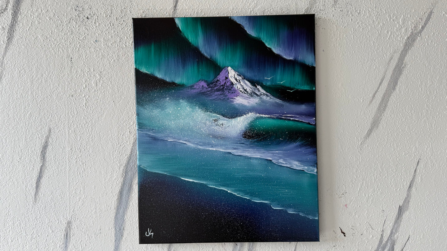 Painting #2003 - 16x20" Canvas - Aurora Mountain Seascape painted 8-17-25