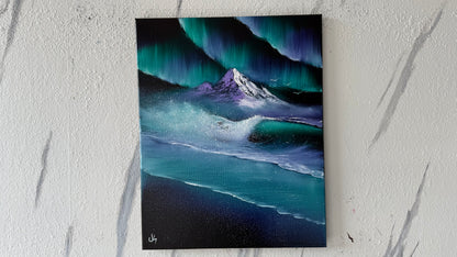 Painting #2003 - 16x20" Canvas - Aurora Mountain Seascape painted 8-17-25