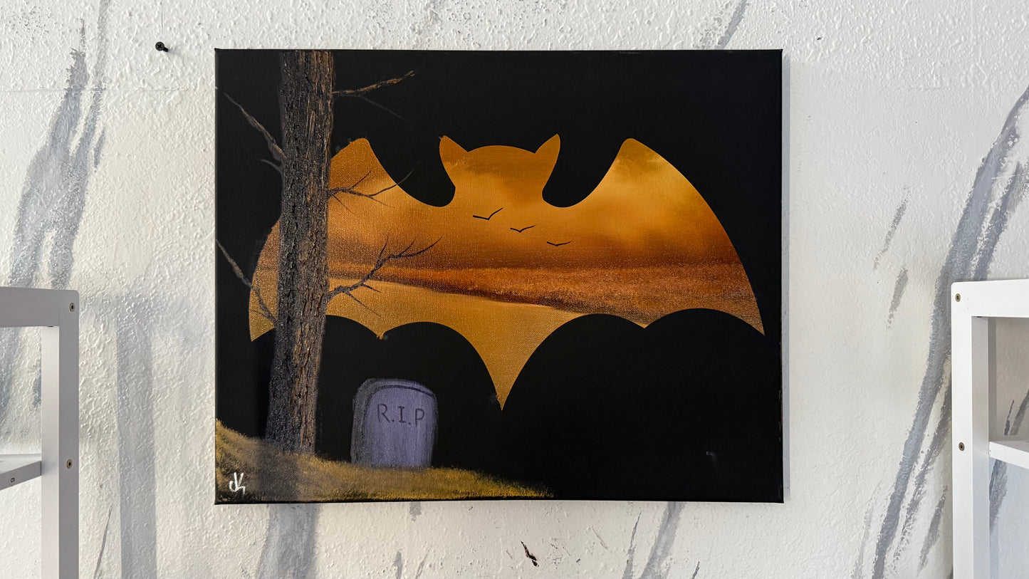 Painting #2048 - 16x20" Canvas - BAT Halloween Landscape painted 9-11-25