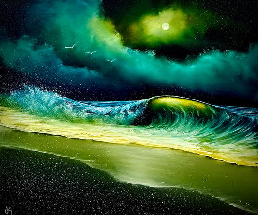 Painting #2534 - 20x24" Canvas - Green Night Seascape painted 7-30-26