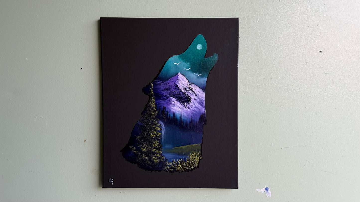 Painting #2012 - 16x20" Canvas - Wolf Stencil Landscape painted 8-22-25