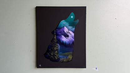 Painting #2012 - 16x20" Canvas - Wolf Stencil Landscape painted 8-22-25