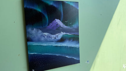 Painting #2017 - 16x20" Canvas - Aurora Mountain Seascape painted 8-24-25