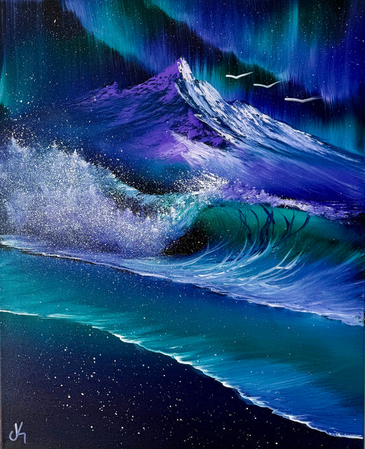 Painting #1871 - 16x20" Canvas - Aurora Mountain Seascape painted 5-31-25