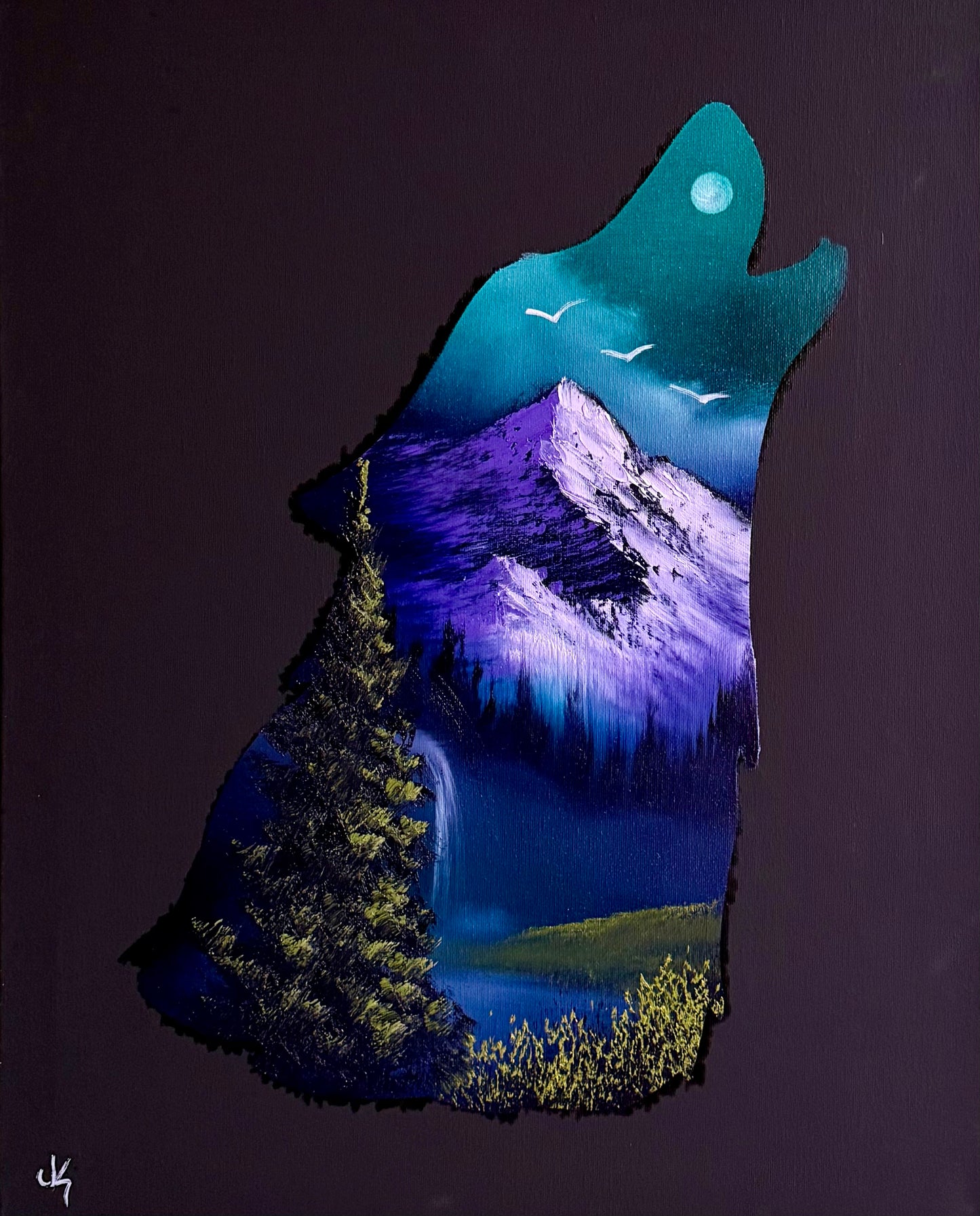 Painting #2012 - 16x20" Canvas - Wolf Stencil Landscape painted 8-22-25