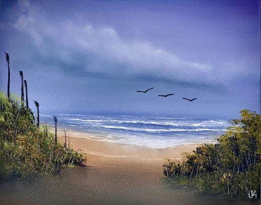 Painting #1854 - 16x20" Canvas - Cattails Seascape Sea Oats painted 5-18-25