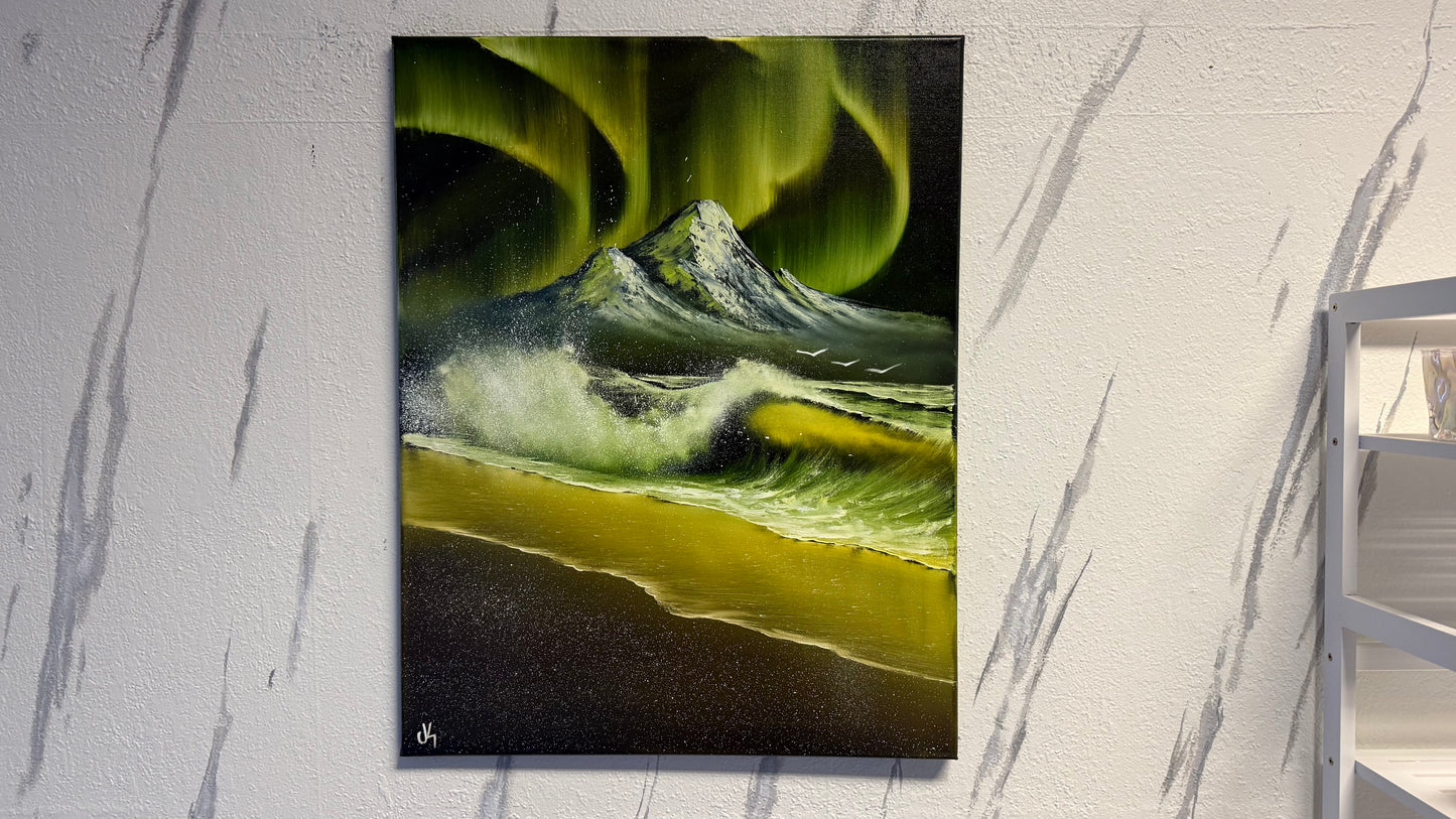 Painting #1977 - 22x28" Canvas - Aurora Mountain Seascape painted 8-4-25