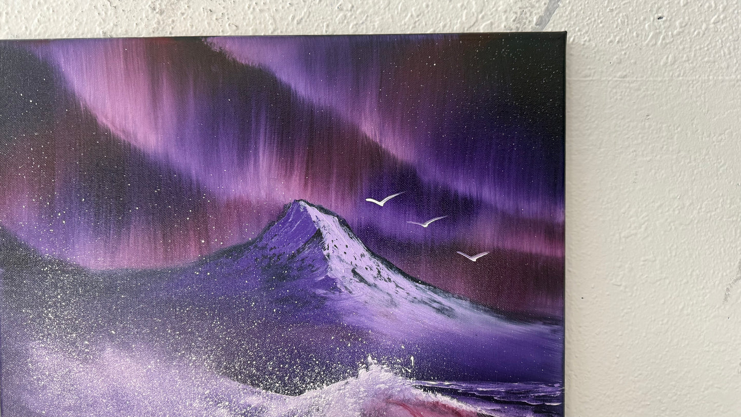 Painting #2031 - 16x20" Canvas - Aurora Mountain Seascape painted 8-31-25