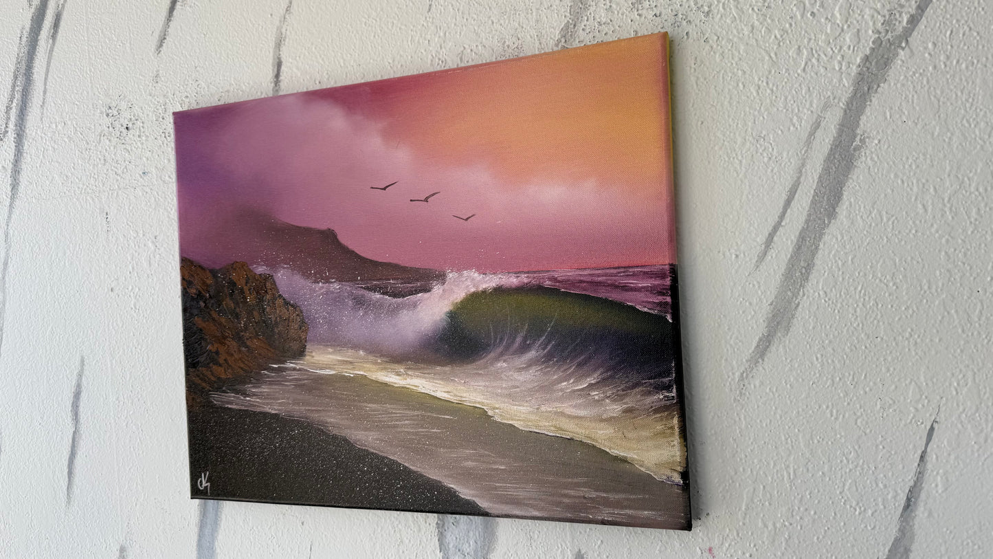 Painting #1994 - 16x20" Canvas - Rocky Sunset Seascape painted 8-14-25