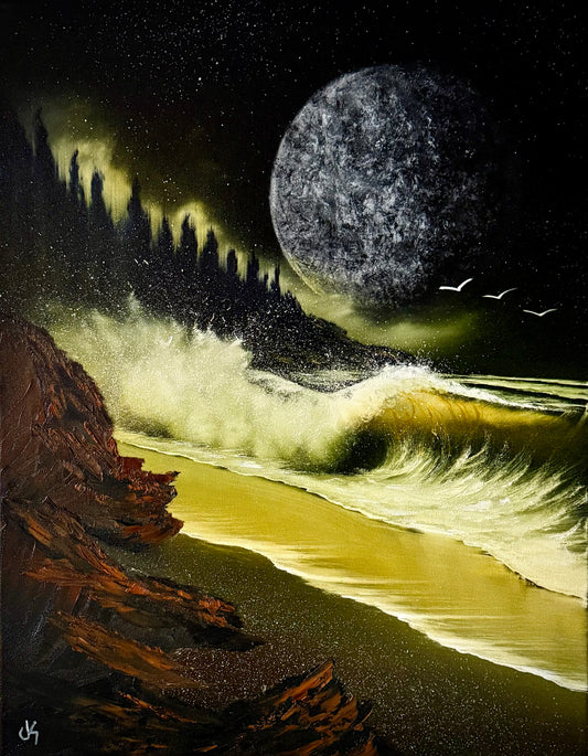 Painting #1963 - 22x28" Canvas - Full Moon Seascape painted 7-27-25