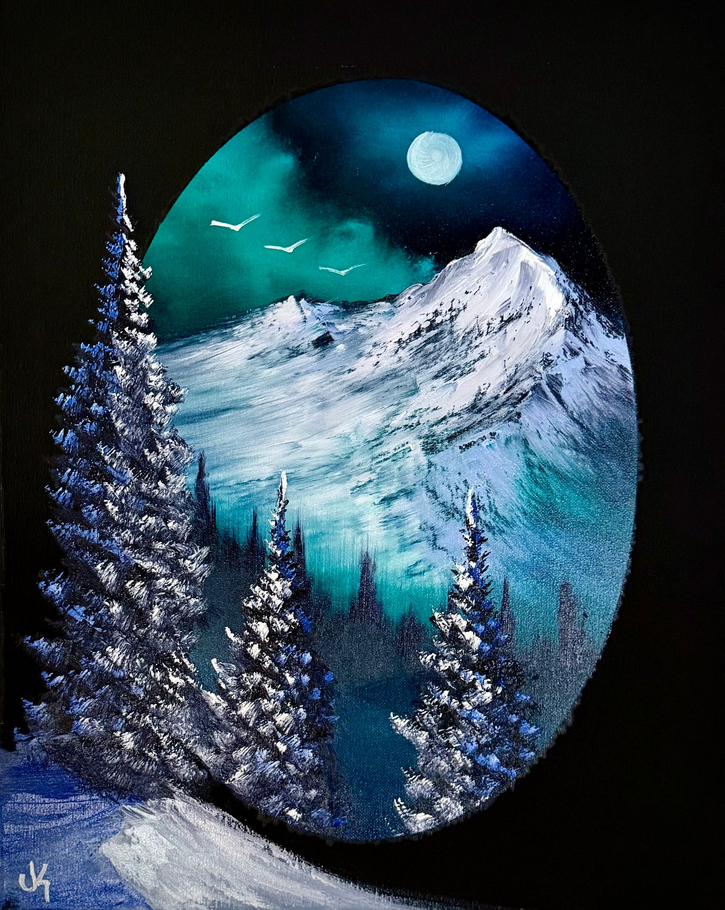 Painting #2036 - 16x20" Canvas - Oval Mountain Landscape painted 9-5-25