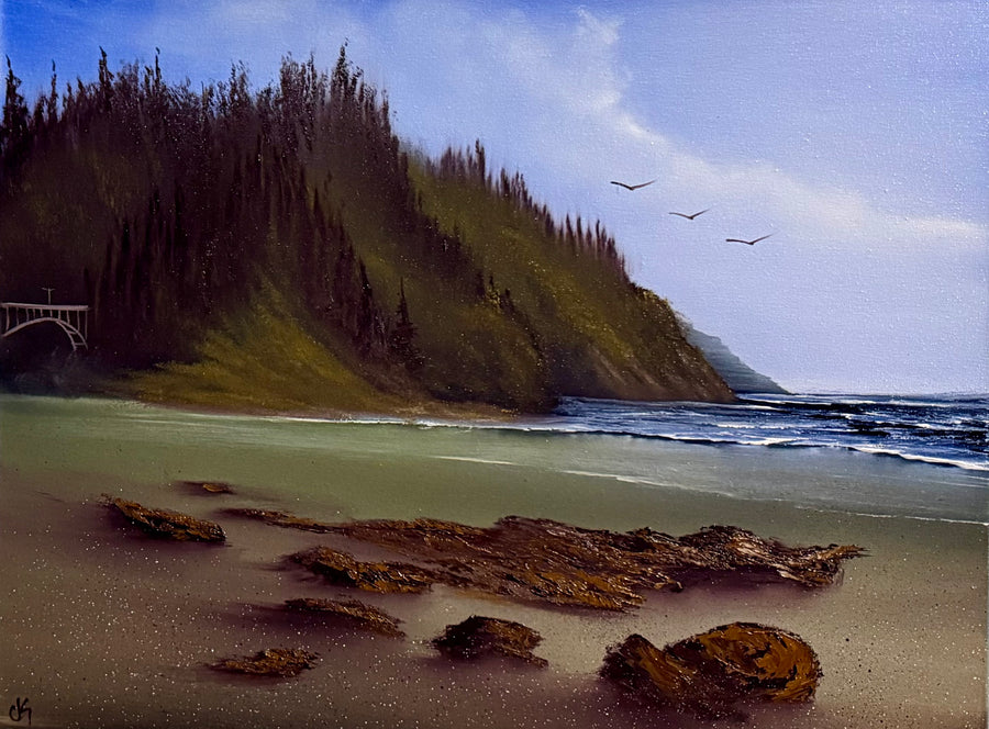 Painting #2395 - 18x24" Canvas - Forest Coastal Seascape painted 4-17-26