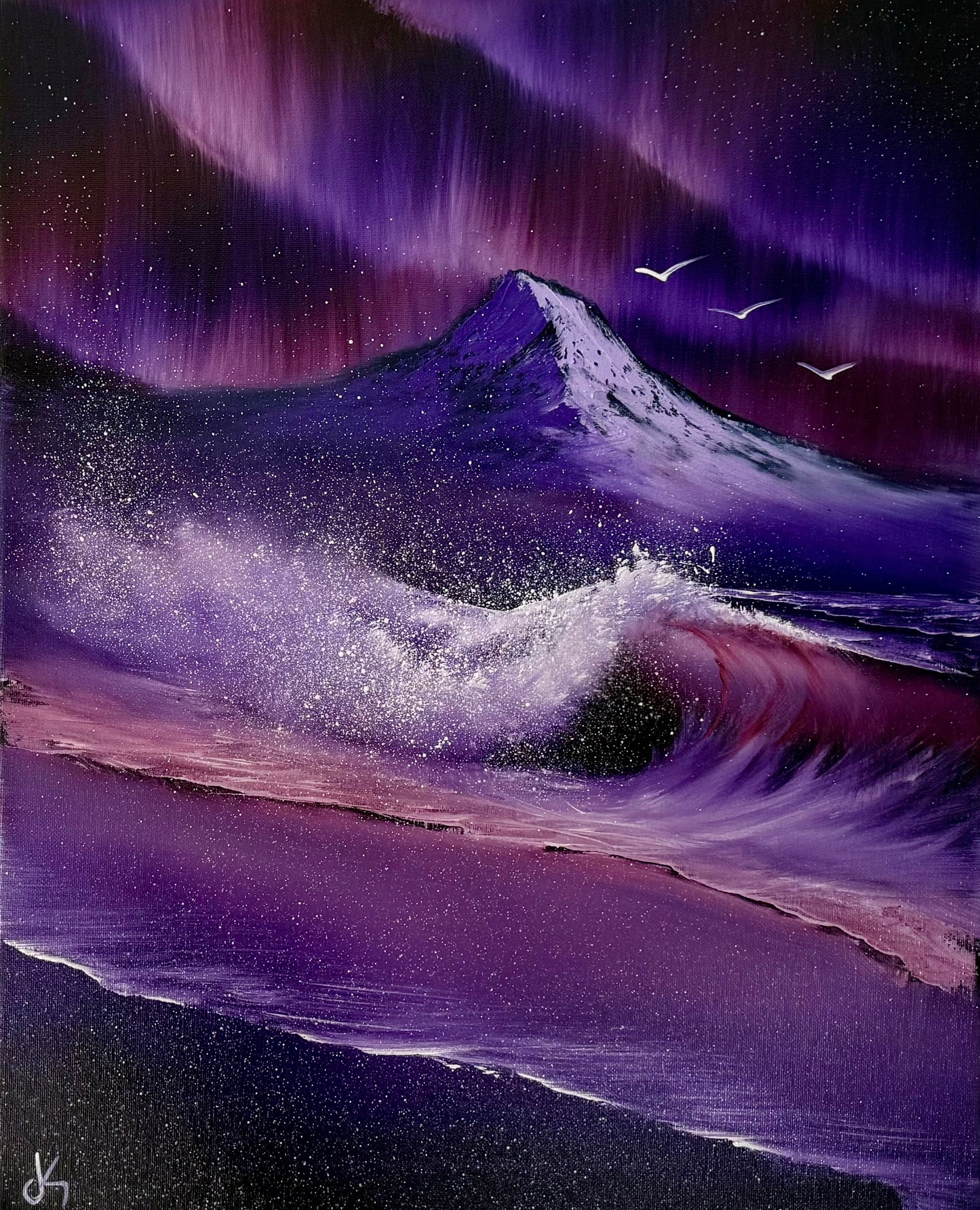 Painting #2031 - 16x20" Canvas - Aurora Mountain Seascape painted 8-31-25