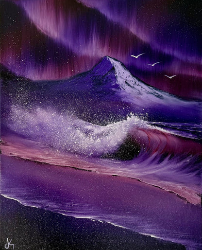 Painting #2031 - 16x20" Canvas - Aurora Mountain Seascape painted 8-31-25