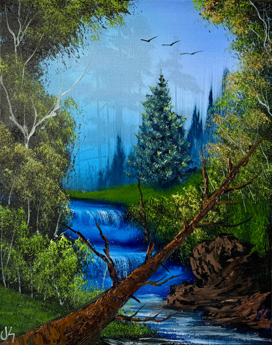 Painting #1907 - 16x20" Canvas - Forest Waterfall painted 6-23-25
