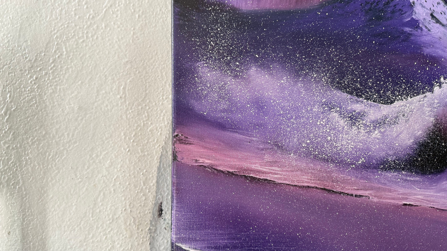 Painting #2031 - 16x20" Canvas - Aurora Mountain Seascape painted 8-31-25