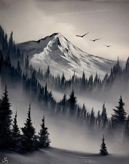 Painting #2149 - 16x20" Canvas - Black and White Mt Hood Landscape painted 11-16-25
