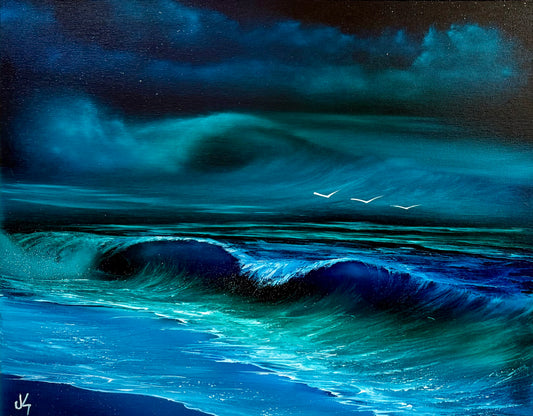 Painting #1666 - 16x20" Canvas - Double Crashing Wave Seascape painted 1/21/25